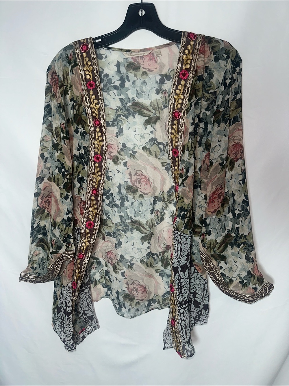 Soft Surroundings Floral Sheer Kimono in Cream and Pink